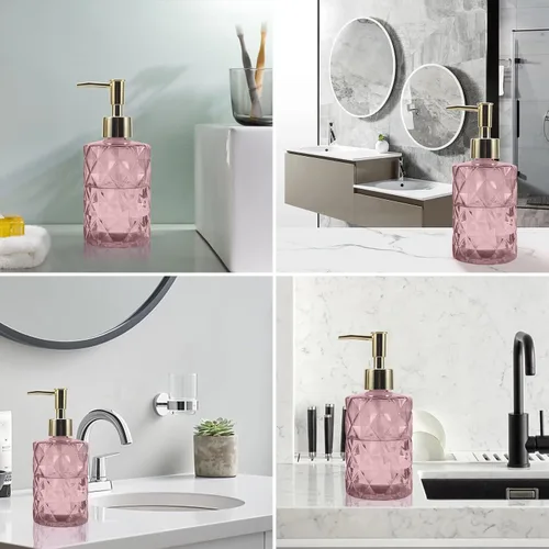 Miniatura 6 de Dispensador de jabón con bomba, dispensador de jabón con patrón de diamante para encimera de cocina, baño, accesorios de baño rosa intenso Rosa