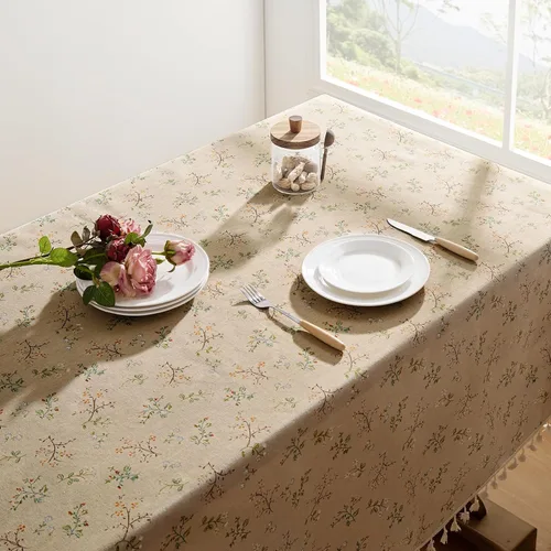 Miniatura 2 de Softalker Mantel rectangular bohemio de lino y algodón con borlas, mantel resistente con flores, mantel decorativo floral para cocina y comedor