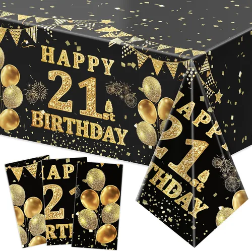 Labeol Paquete de 3 manteles de cumpleaños de 21 años, decoraciones de feliz cumpleaños 21 color negro y dorado, fundas rectangulares de plástico