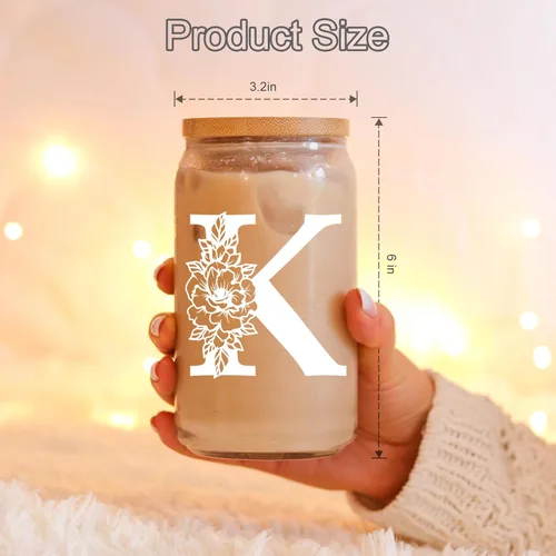 Miniatura 5 de Taza de Vidrio Inicial Coolife, Regalos Personalizados con Monograma para Mujeres, Tazas de Vidrio de 16 oz con Tapas y Popotes, Vaso de Café