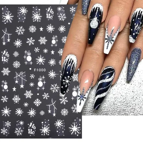 Miniatura 5 de 10 hojas de calcomanías de uñas de Navidad 3D con copo de nieve - Diseño de purpurina autoadhesiva blanca, decoraciones de invierno para Navidad