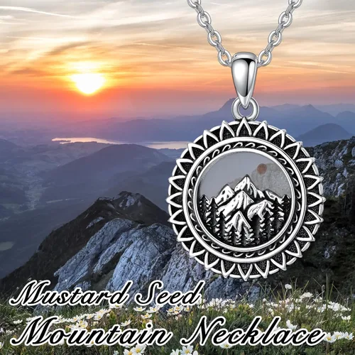 Miniatura 21 de PROESS Collar de plata de ley con colgante de montaña y sol de semilla de mostaza/masónico/brújula para mujeres y hombres, collar con colgante
