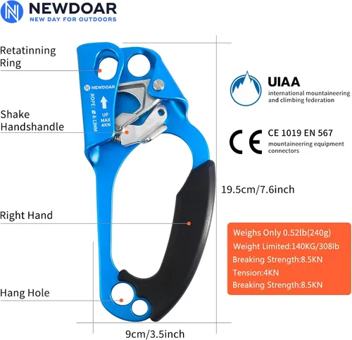 Miniatura 2 de NewDoar Certificado UIAA y CE - Ascendedor de mano para escalada en roca, arborista, equipo de rapel para cuerda de 8~13MM Azul-derecha