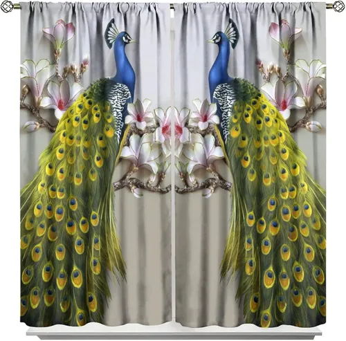 Miniatura 45 de Cortina opaca con estampado de pavo real, con estampado de animales retro, con bolsillo para cortinero y flores de peonía doradas, para dormitorio