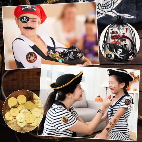 Miniatura 5 de 144 piezas de suministros de fiesta pirata incluyen pulsera pirata náutica tatuaje botón pin ojo parche oro moneda gema anillo bigote organza bolsa