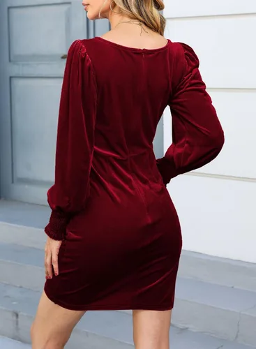 Miniatura 2 de YIJIU Vestido de terciopelo de manga larga para mujer, cuello redondo, ajustado, corto, fruncido, entallado, para cóctel, fiesta, club, mini vestidos