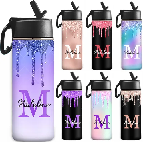 Miniatura 9 de Botella de agua personalizada, botella de agua deportiva personalizada con nombre, botella de acero inoxidable aislada al vacío con tapa