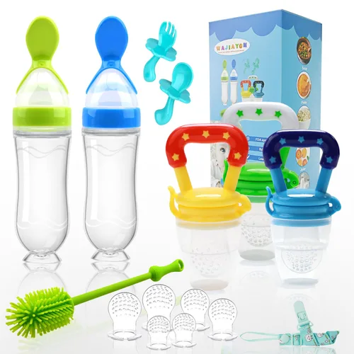 Comedero de alimentos para bebés (3 piezas) con 6 chupetes de silicona de diferentes tamaños, 2 cucharas dispensadoras de alimentos de silicona para