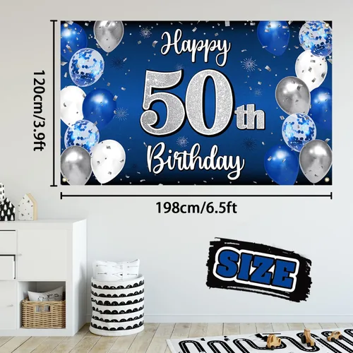 Miniatura 101 de Decoración de feliz cumpleaños 35, globo azul y plateado de 35 años, cartel grande de telón de fondo de cumpleaños, suministros para fiesta de 35th