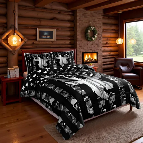 Miniatura 21 de Juego de edredón de cuernos de ciervo tamaño individual, juego de ropa de cama rústica de granja con huellas de oso y pinos para decoración