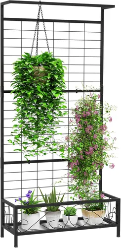 Outsunny Soporte alto para plantas con enrejado y barra para colgar, soporte de metal para plantas trepadoras, flores, uso en interiores y Negro