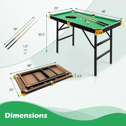 Miniatura 7 de GYMAX Mesa de billar, mesas de billar plegables de 48 pulgadas con bolas, 2 palillos de taco, tizas y cepillo, mini mesa de billar para niños