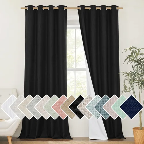 NICETOWN Cortinas de Lino 100% Opacas, Cortinas Completamente Oscuras para Puerta de Ventana Grande, Paneles de Cortina 100% Opacas con Forro Negro