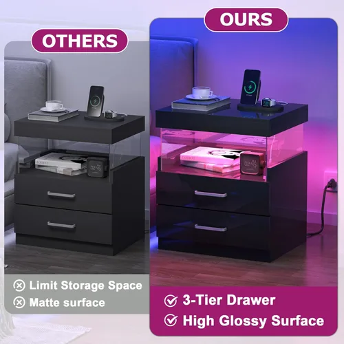 Miniatura 6 de WelFurGeer Mesita de noche de alto brillo, mesita de noche LED negra con estación de carga, mesita de noche con cajones, mesitas de noche modernas