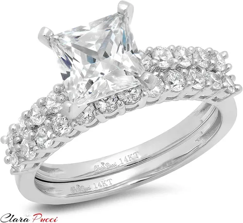 Miniatura 2 de Juego de anillos de compromiso de 2,66 quilates de corte princesa con moissanita auténtica y diamantes de imitación, de oro blanco sólido de 14