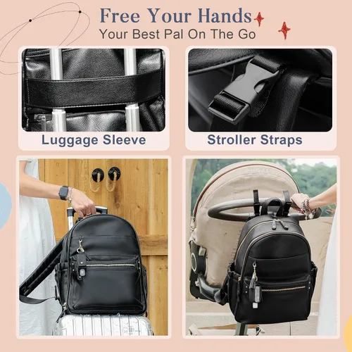 Miniatura 5 de miss fong Bolsa de pañales de cuero, bolsa de pañales para bebé, 16 bolsillos con soporte para desinfectante de manos, cambiador, 2 bolsillos Negro