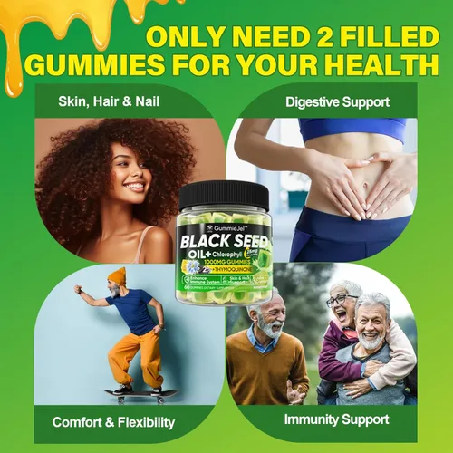 Miniatura 5 de Gomitas de aceite de semilla negra y clorofila, biotina de 500 mcg con colágeno hidrolizado, miel de manuka cruda, orgánica prensada en frío, máxima