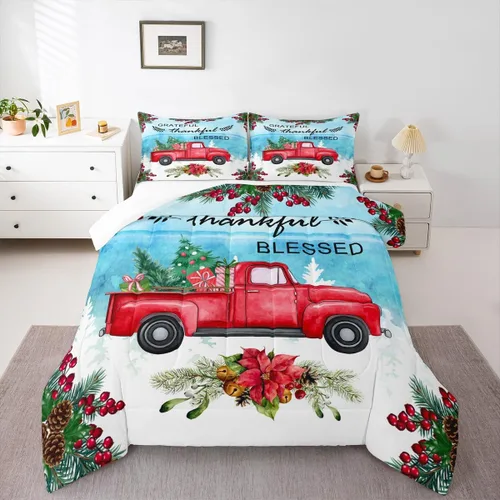 Miniatura 5 de Juego de edredón de Feliz Navidad para niños, tamaño twin, juego de ropa de cama de camión rojo árboles de pino copos de nieve, decoración