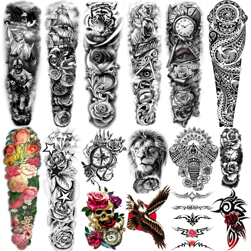 Yazhiji Tatuajes temporales extragrandes, 8 hojas de tatuajes falsos de brazo completo y 8 hojas de pegatinas de tatuaje de medio brazo para hombres