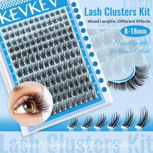 Miniatura 2 de KEVKEV Kit de racimos de pestañas de 144 unidades de pestañas de 0.31 a 0.70 pulgadas, kit de extensión de pestañas de banda fina, racimos