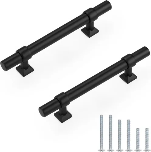 Miniatura 23 de Paquete de 5 pomos de gabinete negro mate, tiradores de gabinete de un solo agujero para cocina y baño, manija de barra en T de acero inoxidable