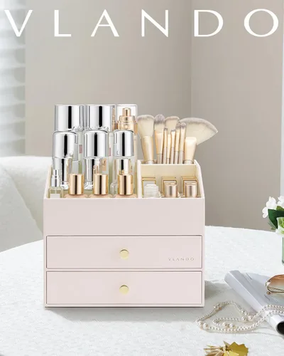Miniatura 7 de Organizador de maquillaje Vlando, organizador para el cuidado de la piel para tocador, organizador de maquillaje de PU con cajones, estuche