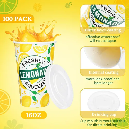 Miniatura 5 de Meanplan 300 piezas/100 juegos de vasos de limonada con tapas y pajitas, vasos desechables para fiestas, tazas de papel de limón, suministros