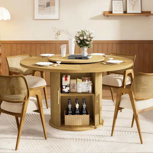 Miniatura 14 de SoarFlash Mesa de comedor redonda de 31.5 pulgadas para 2-3, mesa de cocina circular de granja con espacio de almacenamiento, base de tira de madera