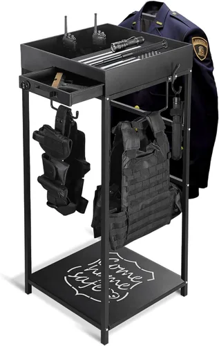 Police Gear Stand, Police Hanger, Tactical Duty Gear Rack with 3 Hooks, Free-Standing All Iron Frame Police Gift Decor with Flag, Black, Come Home