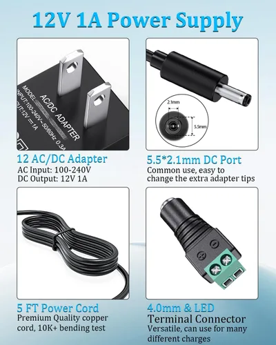 Miniatura 3 de SoulBay Reemplazo del cargador del adaptador de CA de 12V 1A con 8 puntas, cable de fuente de alimentación regulado para tira de luz LED, cámara