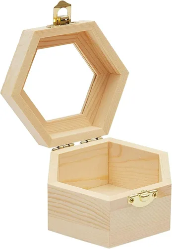 Miniatura 6 de Joyero de madera hexagonal sin terminar con ventana y hebilla francesa (paquete de 3)