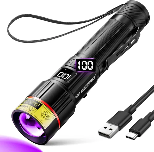 Linterna UV WdtPro de 395 nm súper brillante, luz negra recargable con pantalla LCD, luz UV IP65 zoomable con clip, potente luz negra portátil para