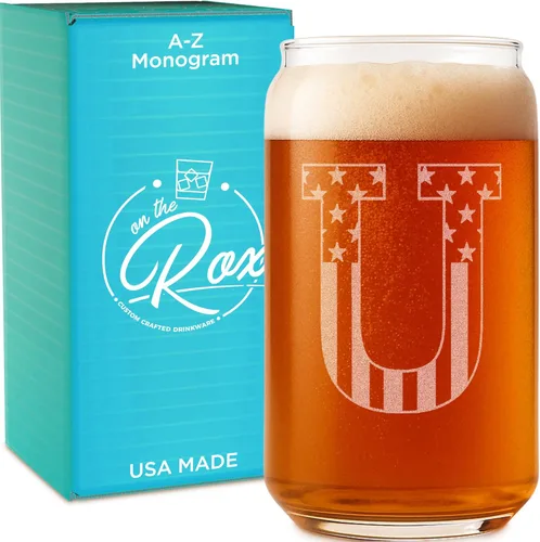 Miniatura 20 de Vaso en forma de lata de cerveza con monograma grabado - bandera de EE.UU.