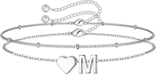 Miniatura 46 de M MOOHAM Pulseras de oro con inicial de corazón para mujer, pulseras con dije de letra A-Z de corazón dorado en capas para mujer, pulseras