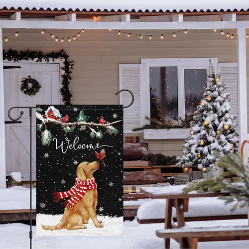 Miniatura 3 de Bandera de jardín de bienvenida de invierno de 12 x 18 pulgadas de arpillera de doble cara, pancarta de patio con perro Golden Retriever y cardenal