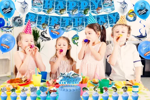 Miniatura 7 de Decoraciones de fiesta de pesca Gone Fishing suministros de fiesta de cumpleaños, incluye pancarta de pesca de feliz cumpleaños, decoración