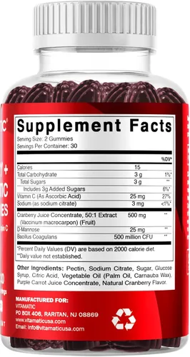 Miniatura 8 de Vitamatic Paquete de 2 Gomitas Veganas de Arándano Rojo con D-Manosa, Probiótico y Vitamina C para la Salud del Tracto Urinario Femenino