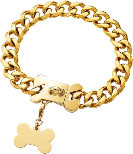 Miniatura 6 de Collares fuertes de acero inoxidable dorado para perros con cierre de hebilla de seguridad, collar de entrenamiento de cadena de eslabones cubanos