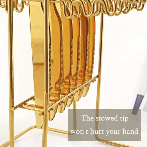 Miniatura 5 de Juego de cubiertos dorados de espejo de 24 piezas con soporte para cubiertos, cubiertos colgantes con mango redondo de madera, incluye cuchillo