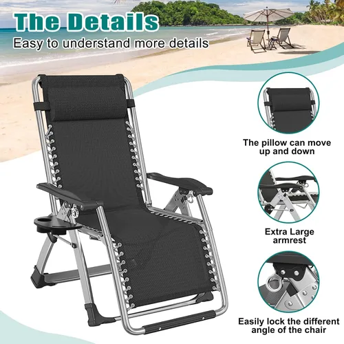 Miniatura 7 de Silla de gravedad cero, sillón reclinable de césped, tumbona reclinable para patio, tumbona plegable portátil con cojín suave desmontable, soporte