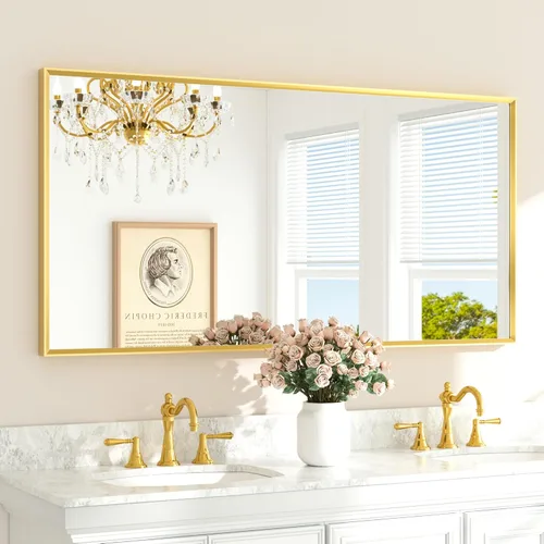 Miniatura 13 de TETOTE Espejo de Baño Dorado de 16" x 20" Latón Dorado Cepillado Rectangular con Marco Biselado Espejo de Tocador de Baño para Sobre el Lavabo