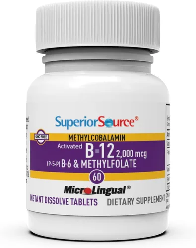 Miniatura 4 de Superior Source No Shot Vitamina B12 Metilcobalamina (2000 mcg), metilfolato, B6 (P-5-P), microlingüe de disolución rápida, 60 unidades, salud