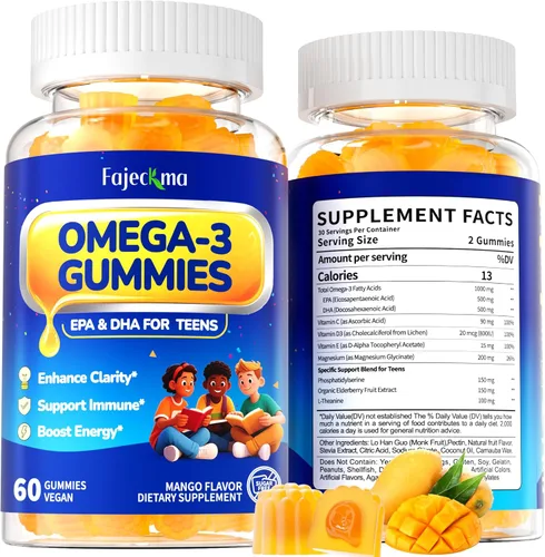 Gomitas Omega-3 de 1000 mg para adolescentes: alternativa vegana al aceite de pescado Omega 3 Suplementos con algas Omega 3 EPA DHA Vitamina D3 C