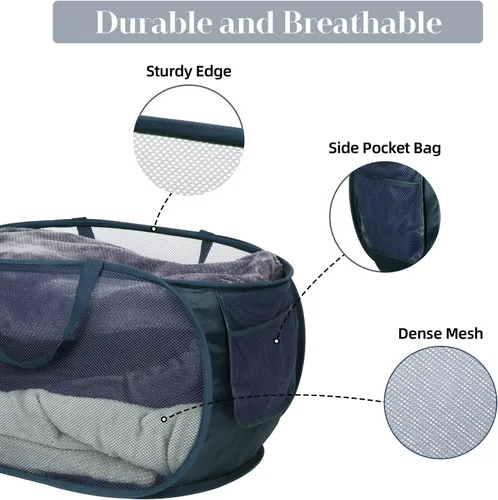 Miniatura 4 de Cestas de lavandería plegables duraderas, cesta de lavandería desplegable de malla con bolsillo lateral, cesta de ropa plegable con asas de 2 x azul