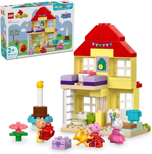 LEGO DUPLO Peppa Pig Casa de Cumpleaños de Peppa Pig con 3 Figuras de Animales, Juguete Educativo para Niños de 2 Años, Casa de Muñecas Construible