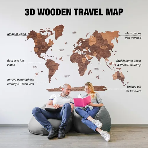 Miniatura 3 de AWESOMETIK Mapa del mundo de madera 3D de roble, mapa del mundo 3D, fácil instalación con cinta de doble cara, incluye complementos, madera