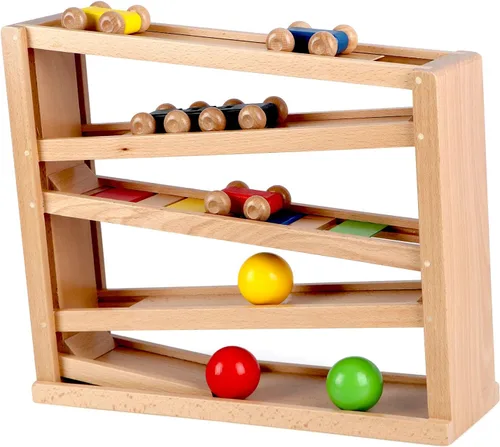 Miniatura 8 de Qilay Juguete de carreras de madera para niños pequeños, juego de rampa de coche de carreras de 5 niveles incluye 4 autos de madera y 3 pelotas