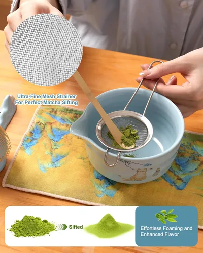 Miniatura 3 de Juego de batidor matcha, juego de kit matcha japonés de 7 piezas con cuenco matcha (chawan), batidor matcha y soporte, cuchara de bambú, Azul