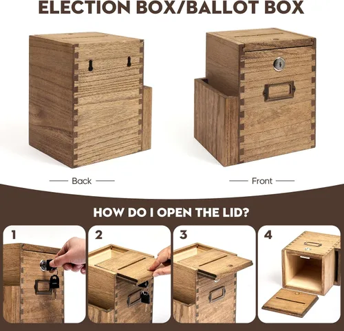Miniatura 5 de KIRIGEN Caja de sugerencias de madera con cerradura y 2 llaves, urna montada en la pared o encimera con bolsillo lateral para formularios, caja
