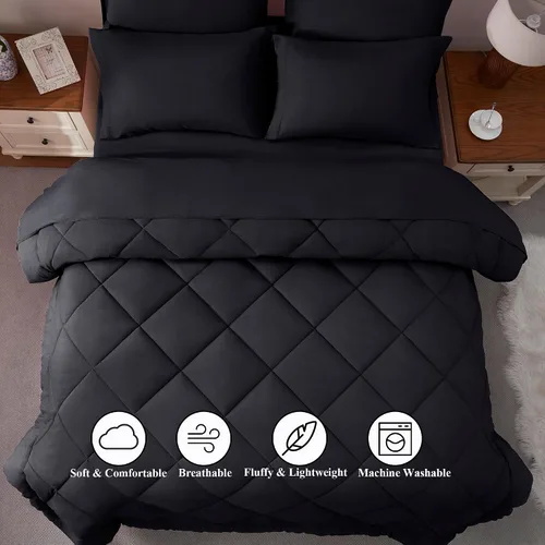 Miniatura 4 de ELNIDO QUEEN® Juego de edredón tamaño Queen negro - 7 piezas de ropa de cama en una bolsa, tamaño Queen, juego completo para todas las estaciones